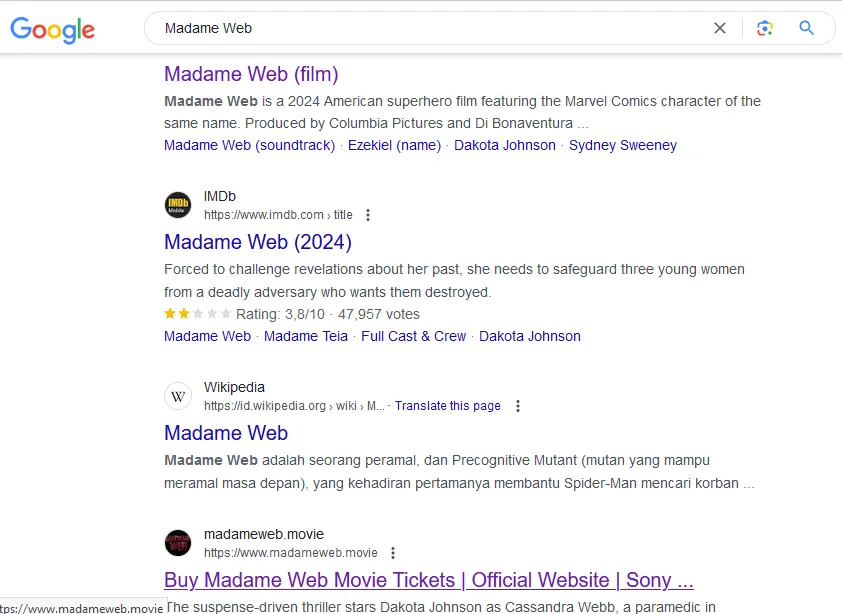 Hasil pencarian Google untuk kata kunci "Madame Web"