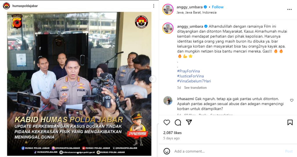 Unggahan Instagram Anggy Umbara tentang klarifikasi Polda Jabar yang membuka lagi kasus Vina, setelah sempat tenggelam.
